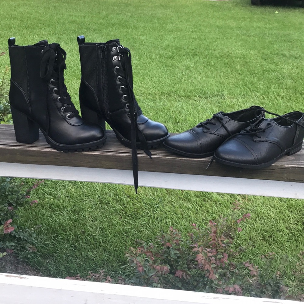 Black military boots with heels and flat loafers